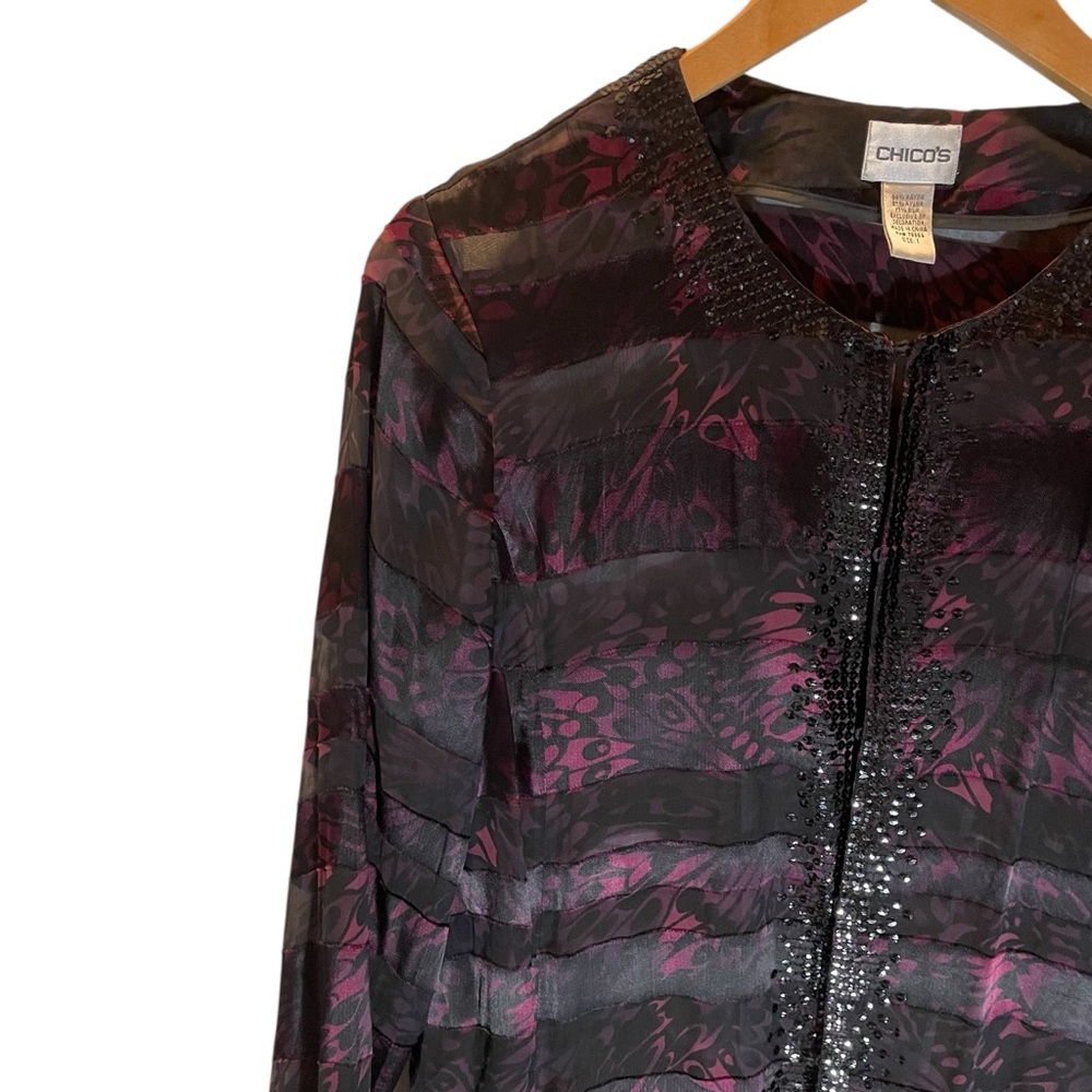Chico's Maroon BlackSheer Striped Blouse Cardigan with Sequin Accents Size M